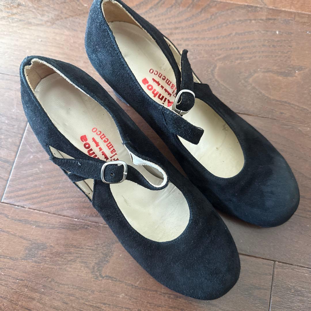 フラメンコシューズ ブラック スエード 中ヒール38.5