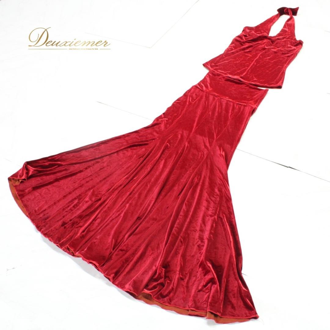 【美品 フラメンコ衣装】レッド 上下セット ツーピース セットアップ 赤 無地