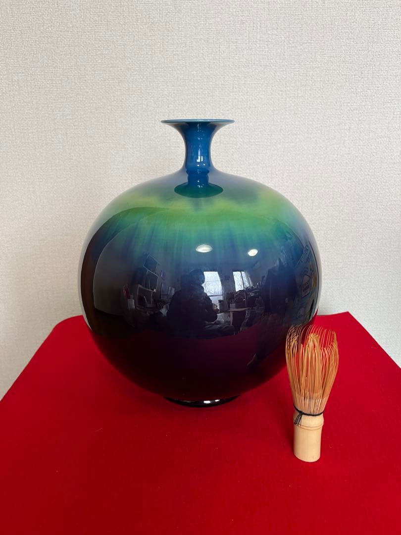 【特大】三代 徳田八十吉作 （正彦銘）碧明釉 壺 約28.5cm 管理T256