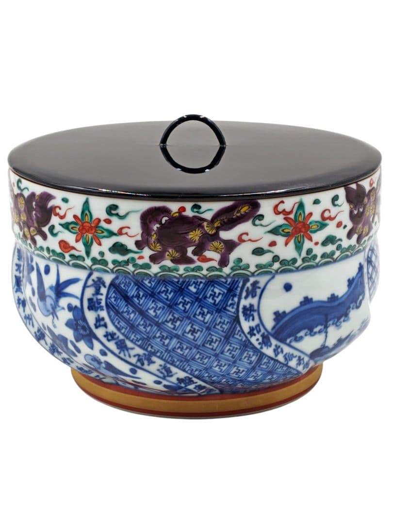 【五山窯・林淡幽】『一重口 色絵 捻 祥瑞 水指』底部在銘 桐共箱 共布 栞