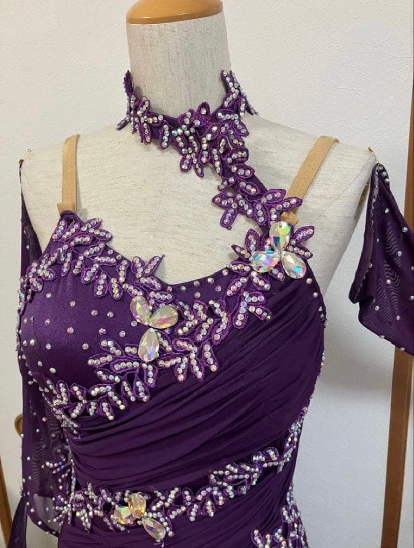 社交ダンスドレス　ダンスドレス　M 紫色　競技会　デモ　超豪華　レッスンウェア