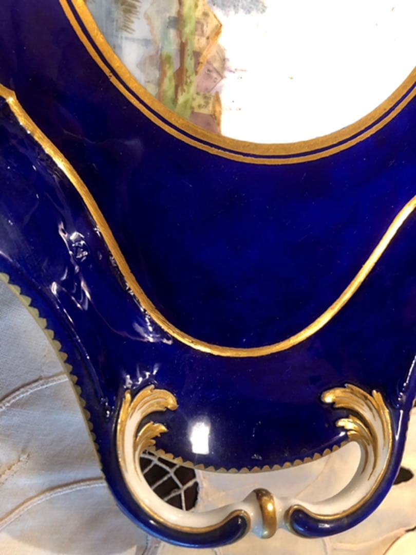 ☆1763年アンティークセーブル♪セーブルブルー金彩風景画☆透かしトレー飾り皿♪