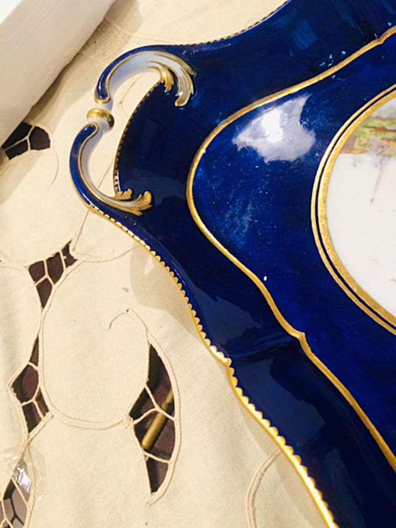 ☆1763年アンティークセーブル♪セーブルブルー金彩風景画☆透かしトレー飾り皿♪