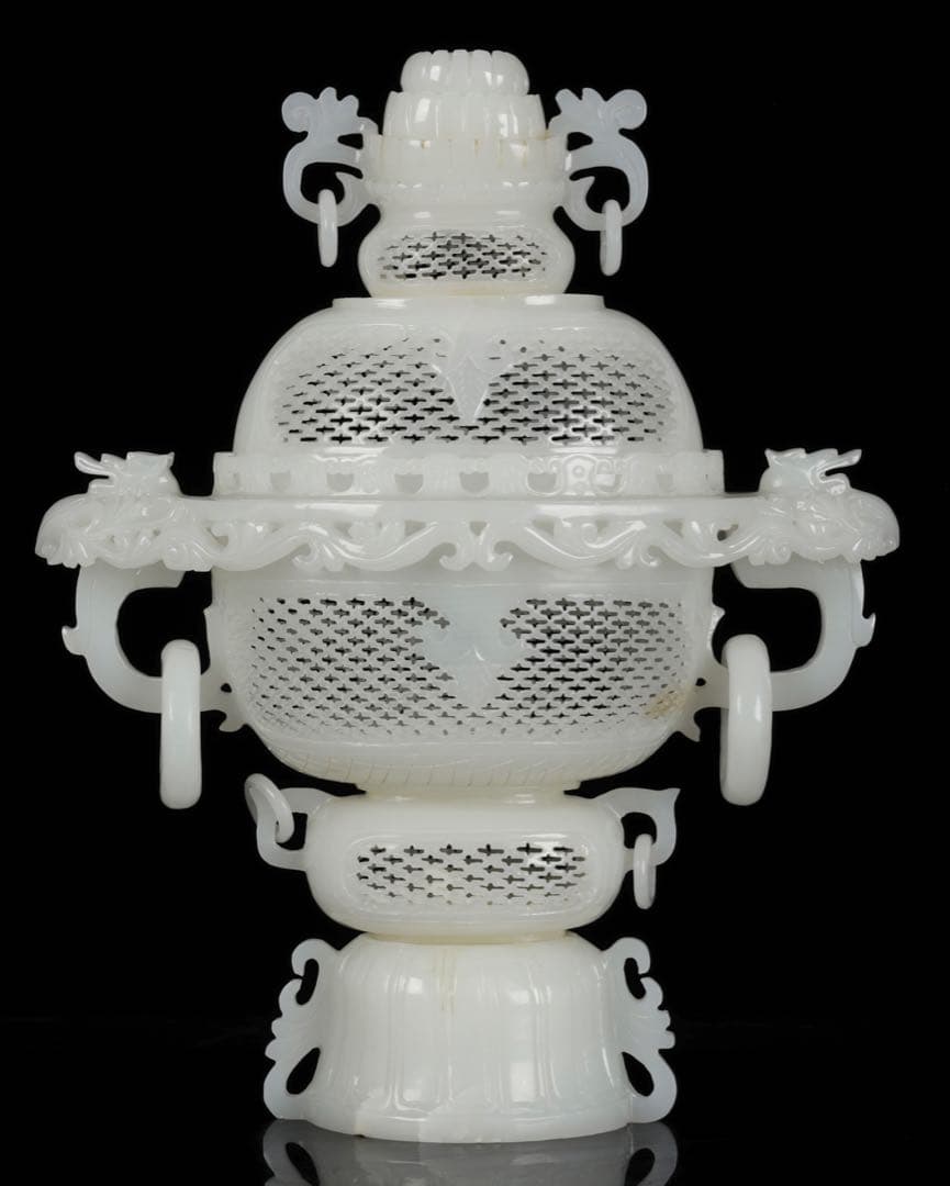 大*発様 中国古玩 白玉石大香炉 龍透彫細密彫刻 高さ36cm 唐物 古美術品