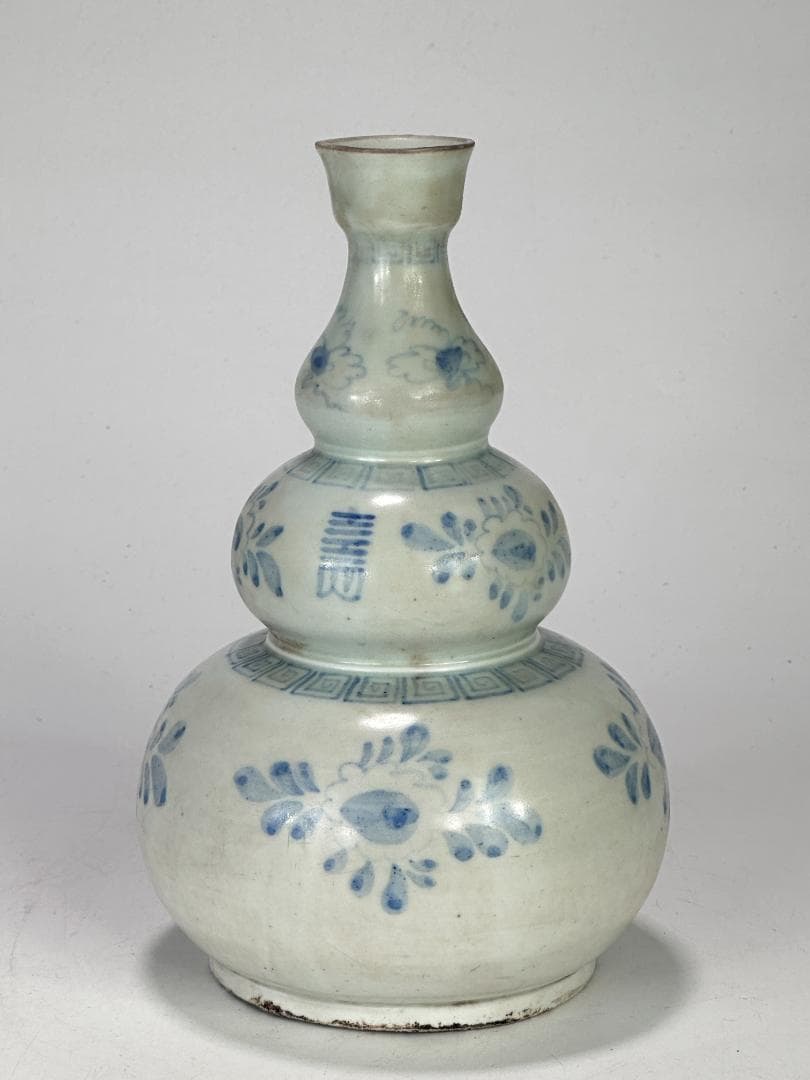 韓国美術　李朝時代　白磁　染付 青花　寿字文　花卉文　瓢箪瓶　花瓶 朝鮮古陶磁