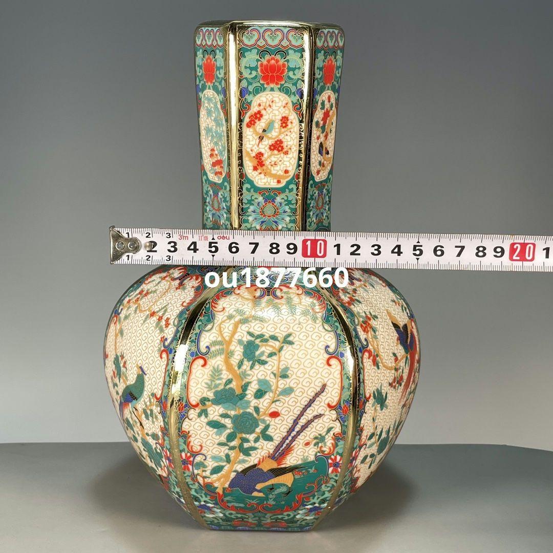 琺瑯彩六稜蒔金花鳥瓶 景徳鎮 陶磁器 装飾品 現代工芸品 美術品 置物