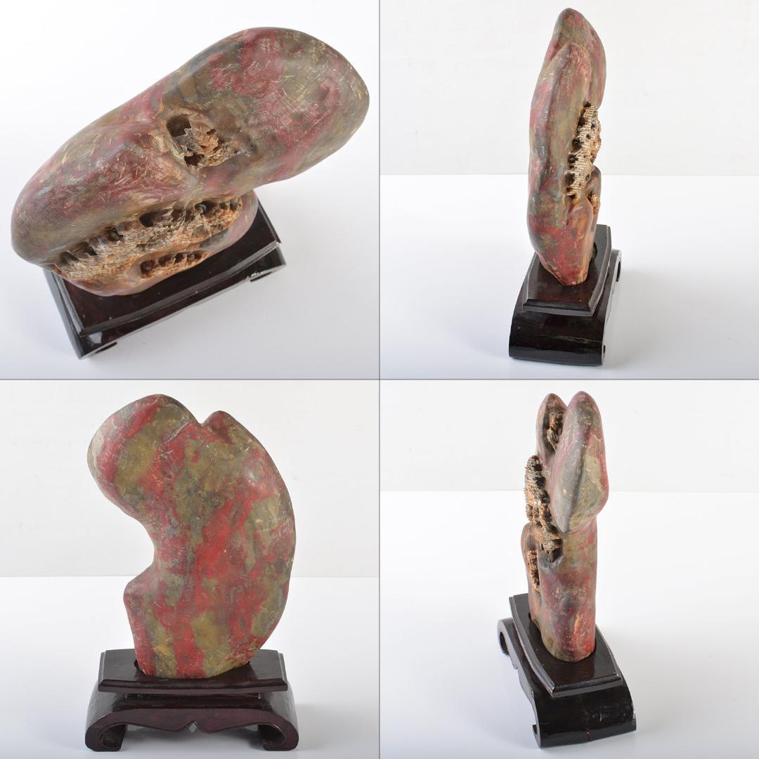 中国　玉石鶏血石彫刻　楼閣山水雕　置物　唐木台付　W　R6238