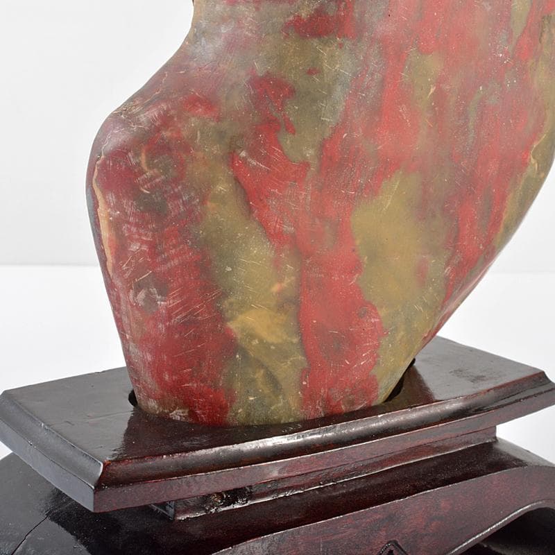 中国　玉石鶏血石彫刻　楼閣山水雕　置物　唐木台付　W　R6238