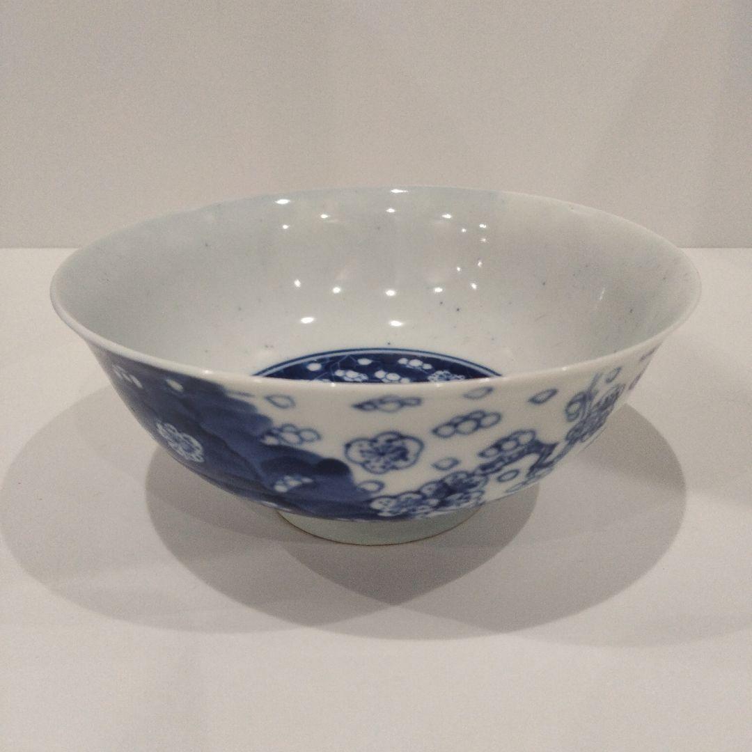 u385 上手 清朝期 古染花青花吹雪画 大振茶碗 鉢 底二輪文 古染付