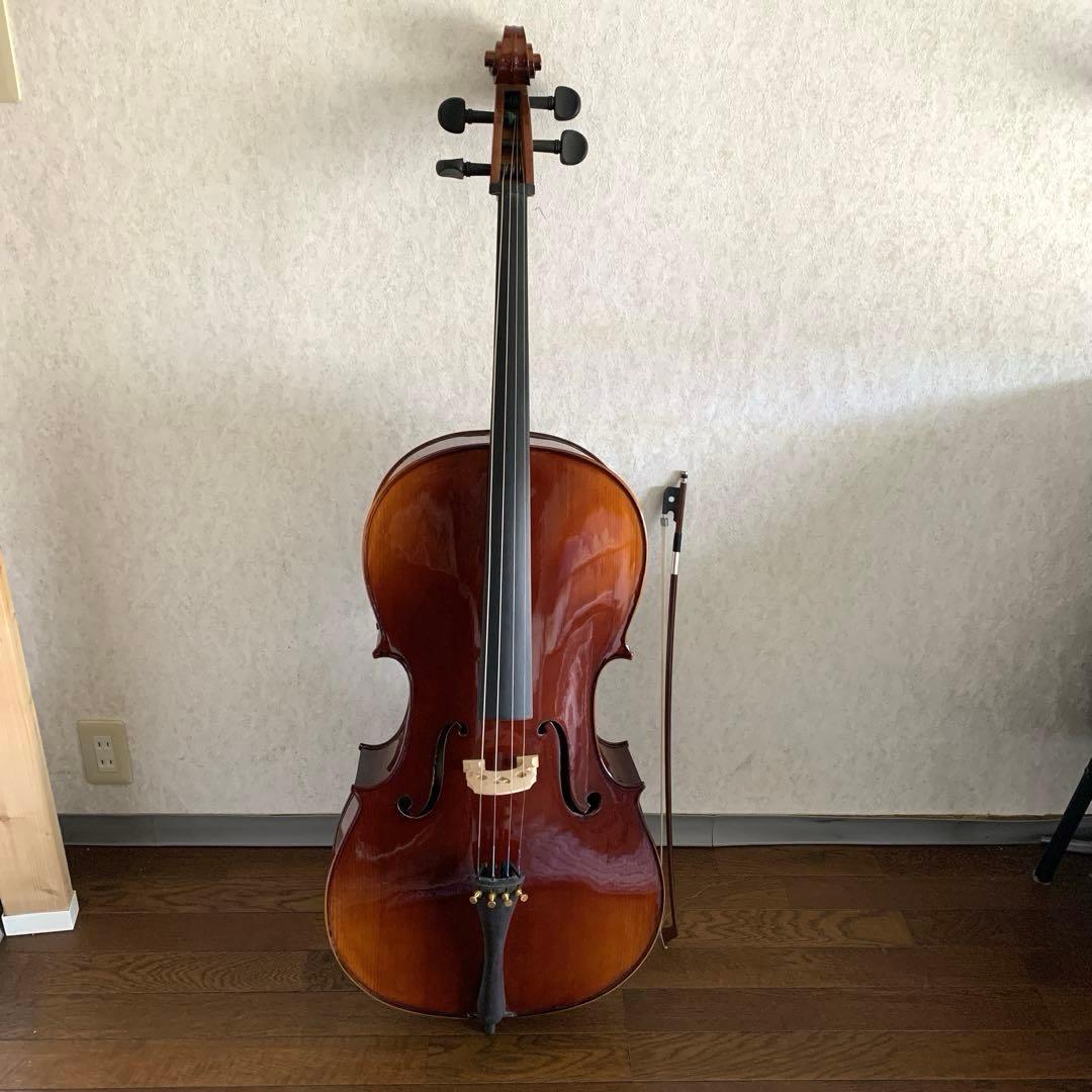 チェロ　木製　光沢仕上げ　ソフトケース付　松脂　弦楽器