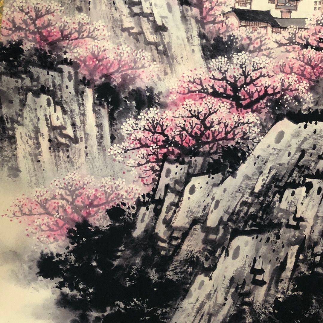 宋文治 花叢人家 掛け軸 中堂 山水画 中国画 表装済 サイズ：174×77cm