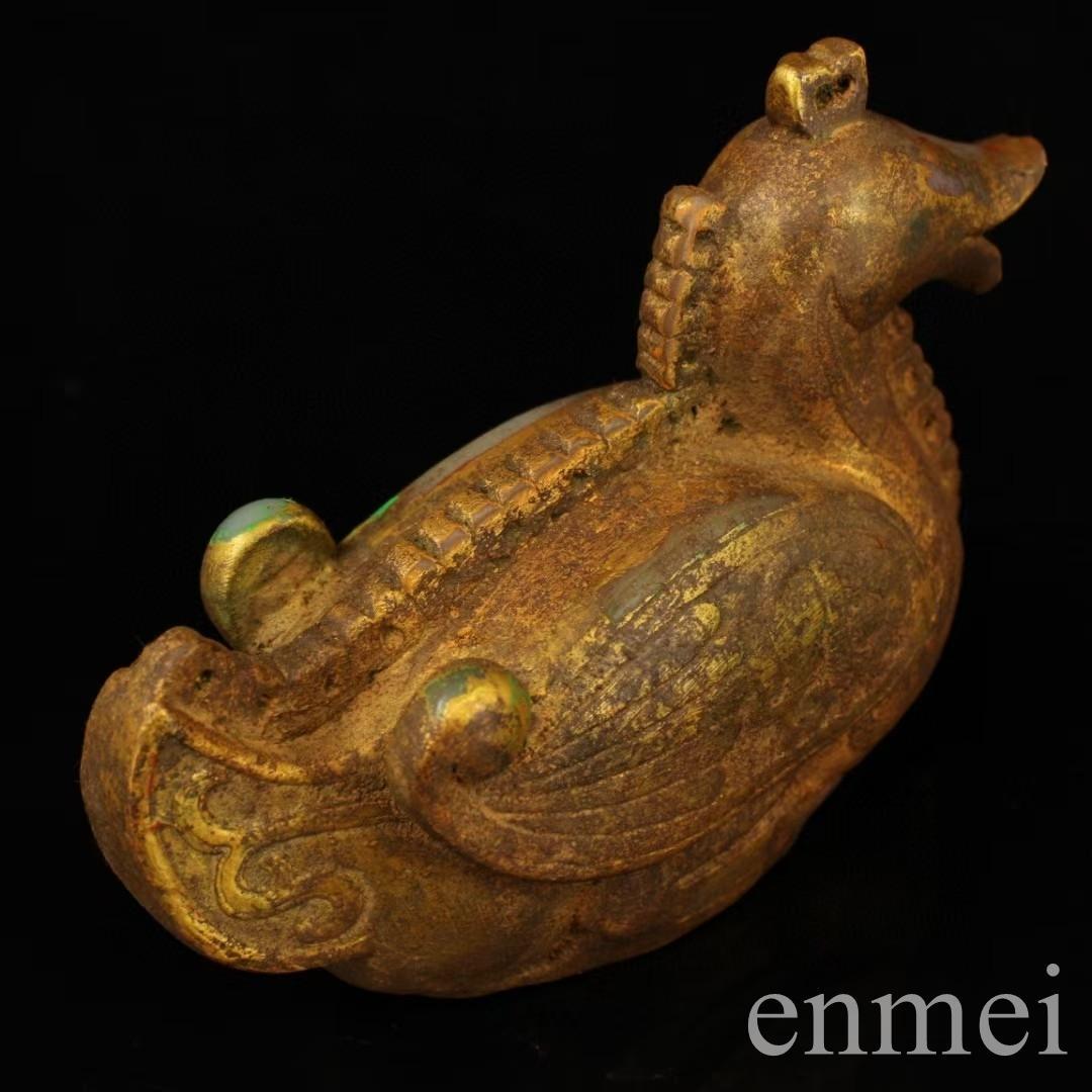 中国古美術・旧蔵白玉鎏金彩絵の鴨置物・置物・文房具・インテリア