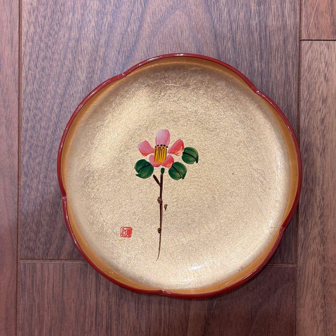 漆器 梅型銘々皿 5枚セット 13cm 金地 花蒔絵 朱印あり／和皿／菓子皿