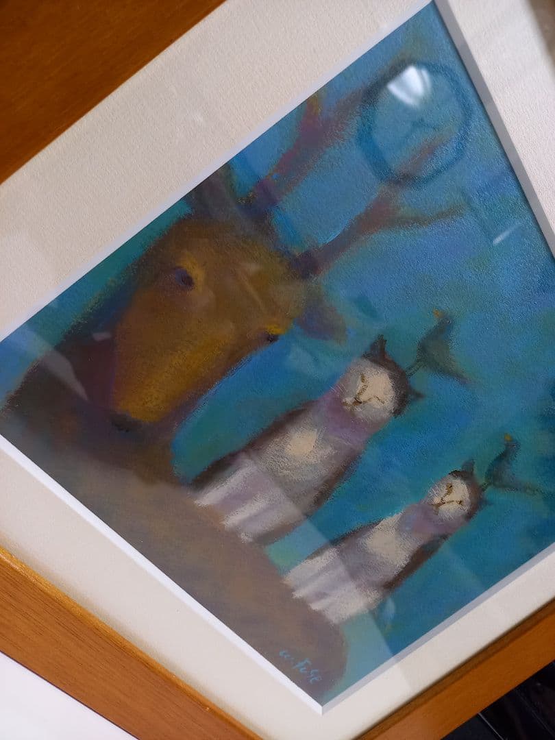 題名　山登り　布施和佳子　猫　作家　パステル画　北欧　モダン　アート