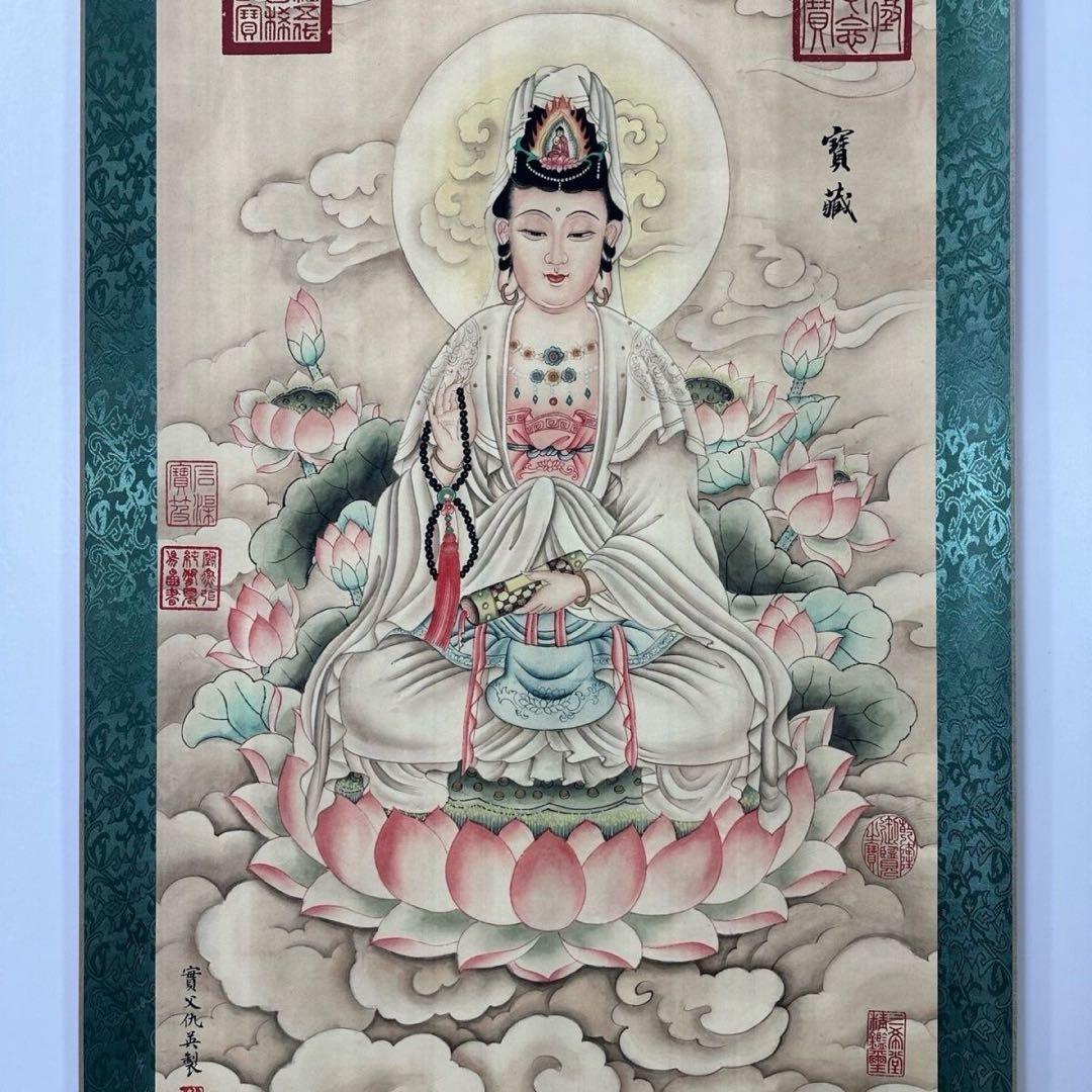掛け軸 中堂 仇英 観音大士図 観音菩薩 仏画 佛画 蓮華 観音像 中国画
