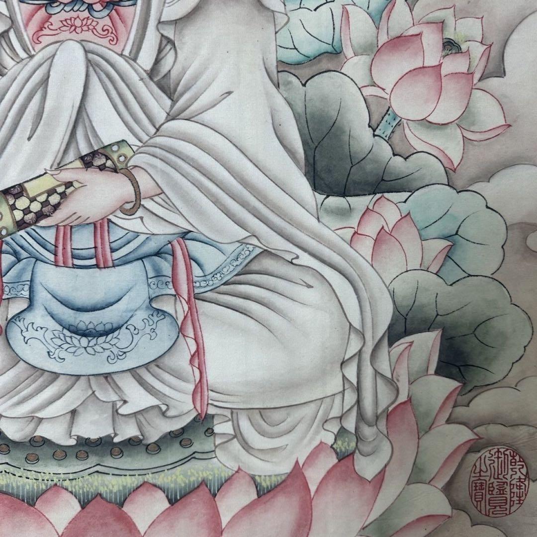 掛け軸 中堂 仇英 観音大士図 観音菩薩 仏画 佛画 蓮華 観音像 中国画