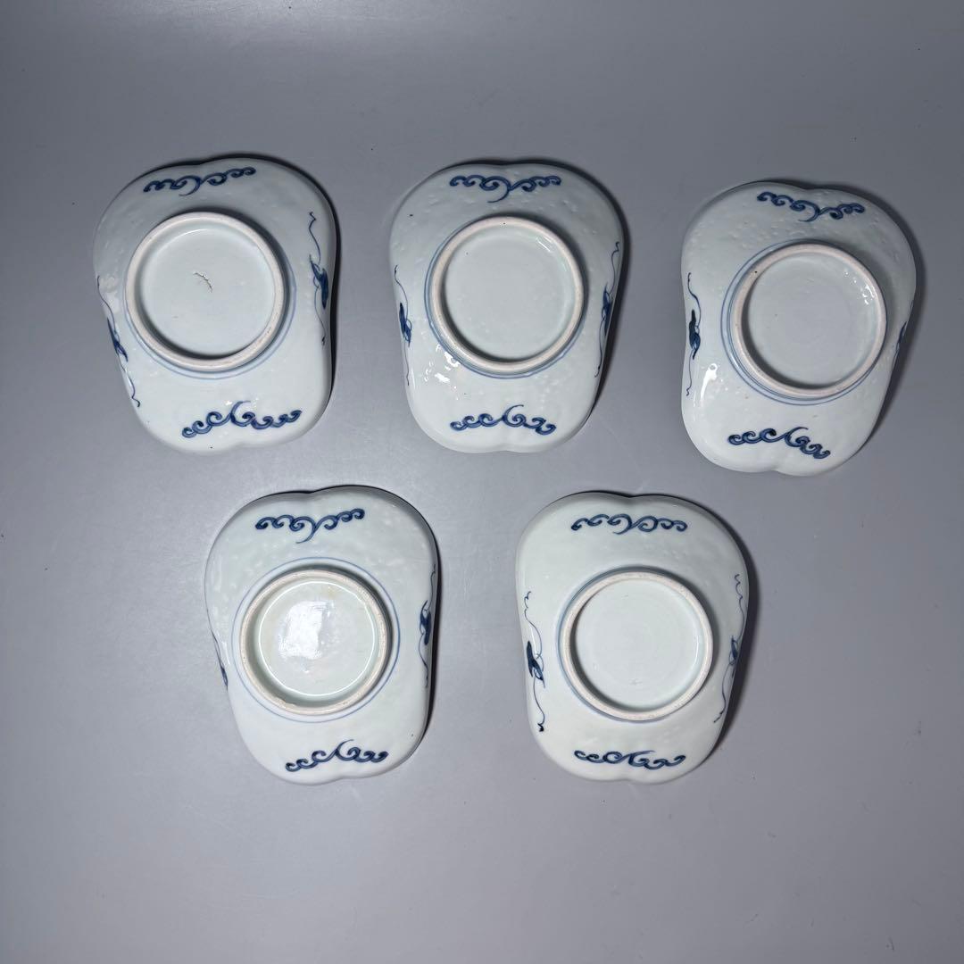 古伊万里　染付龍文様軍配形皿　五客　古美術　古陶を楽しむ　江戸時代