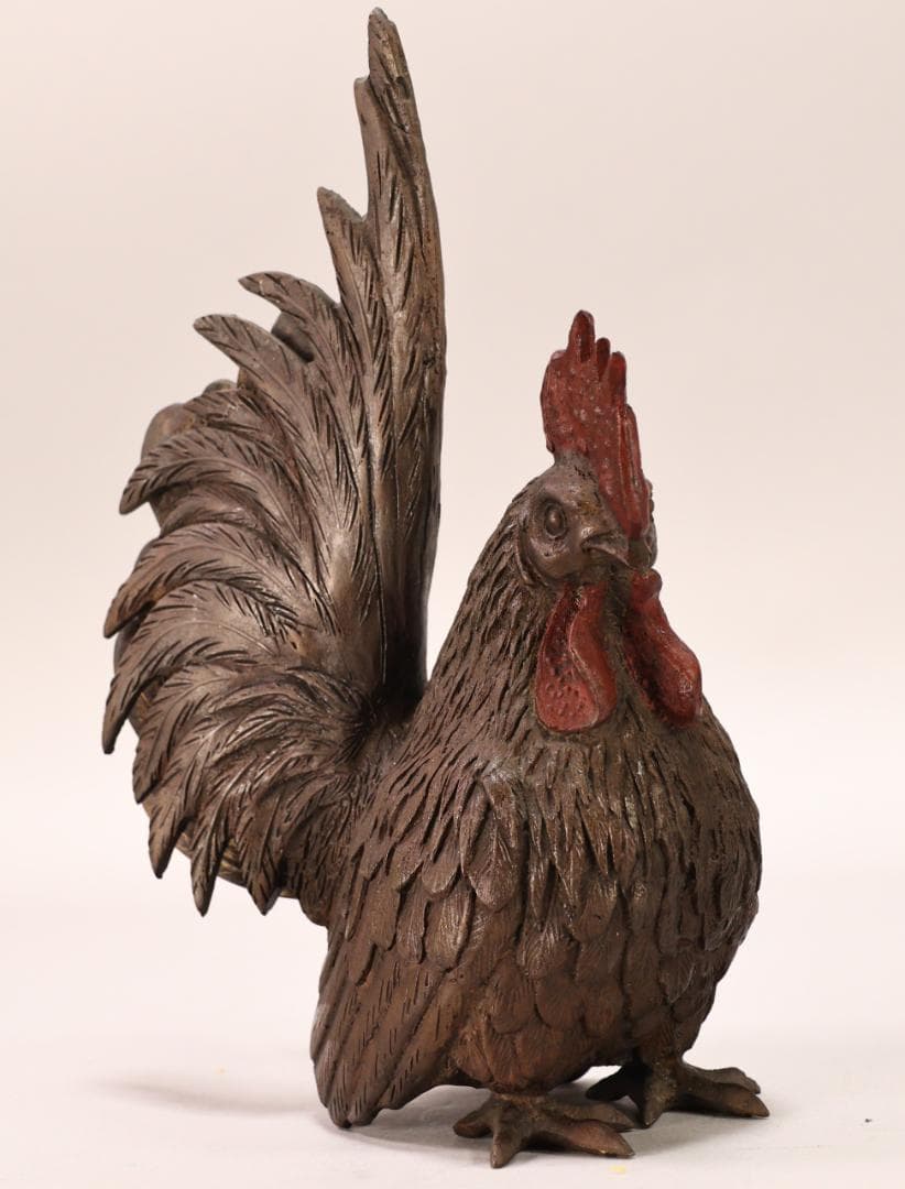 BK442　時代金工　古銅　双鶏　置物　ブロンズ　床飾り　金運　仕事運　子孫繁栄