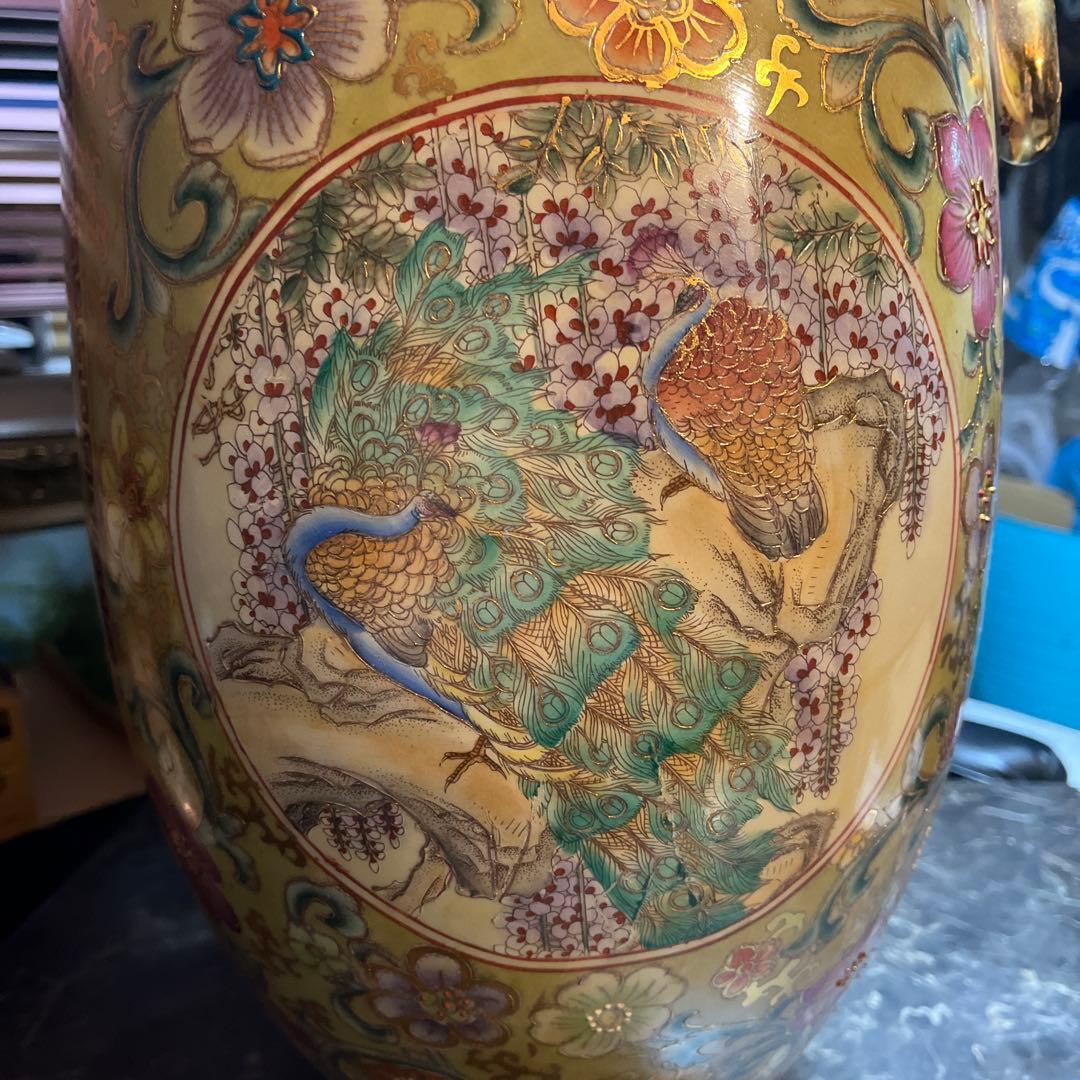 中国美術、嶺東窯製 、金彩花瓶93㌢金彩色絵 大花瓶 、鶴図 、龍、特大花瓶