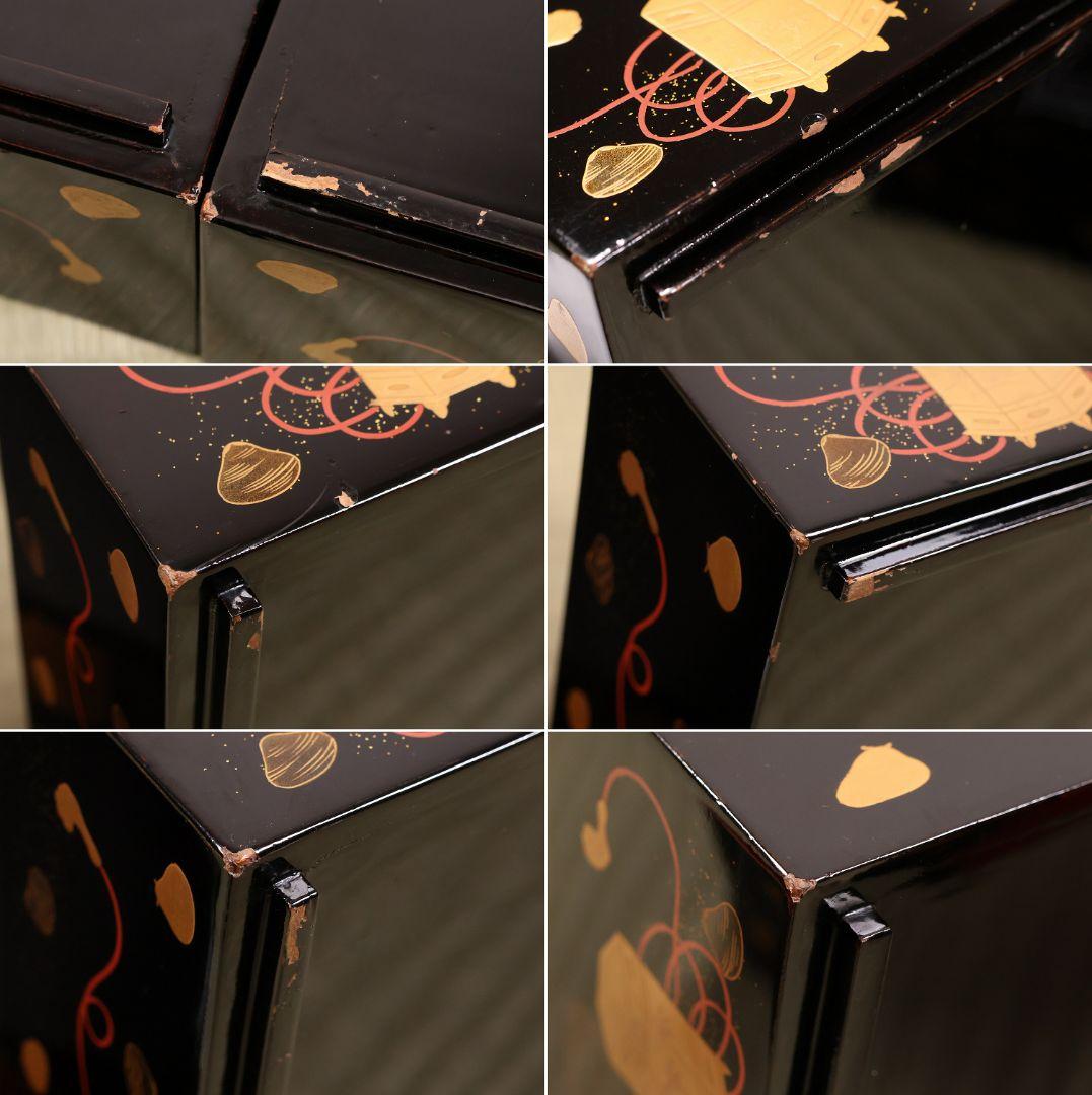 木製漆器 貝桶 金蒔絵 三段 重箱 黒塗 朱塗 梨地 雛 漆芸【MA745】