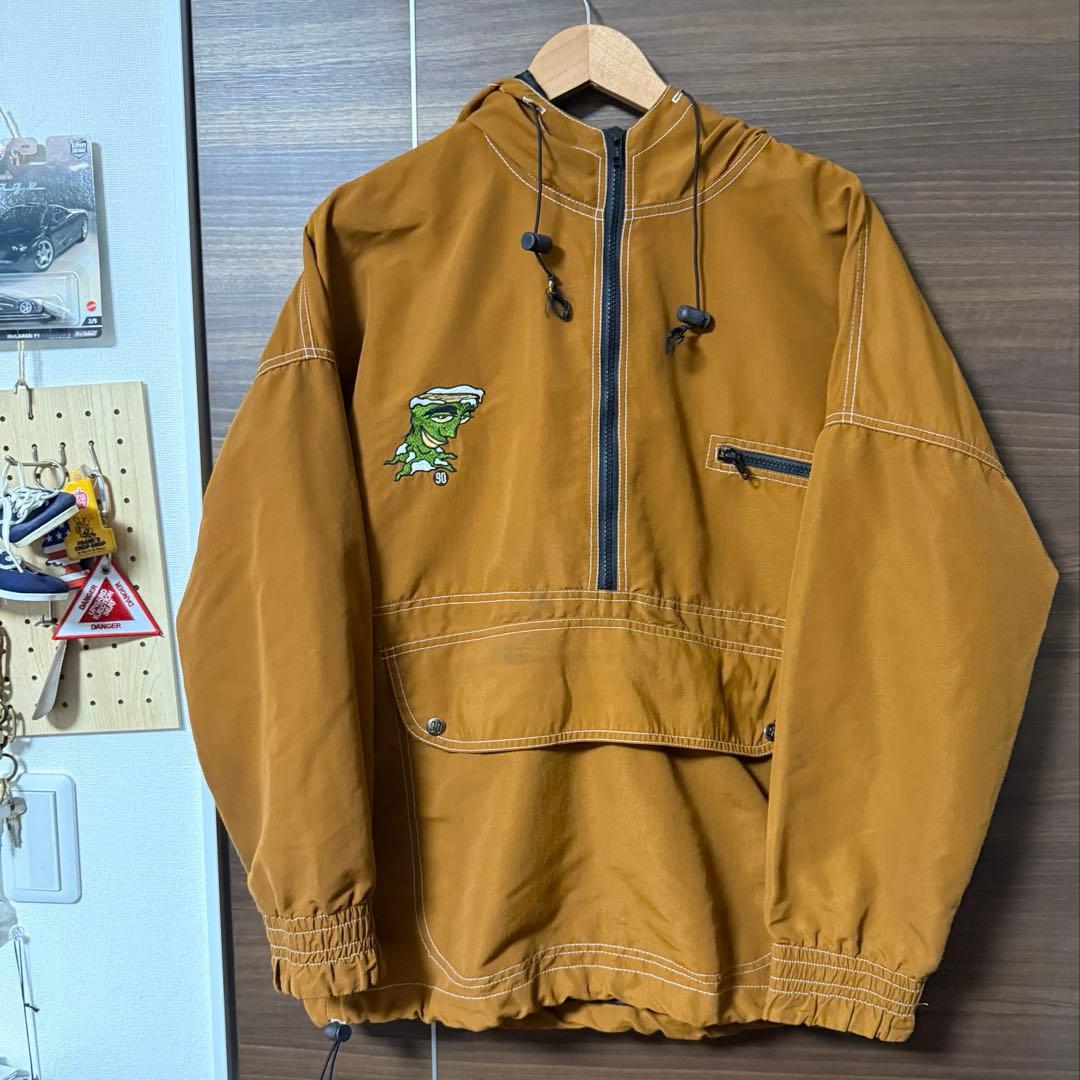 90 USA製 ナイロンアノラック ブラウン ストリート 刺繍 Sサイズ