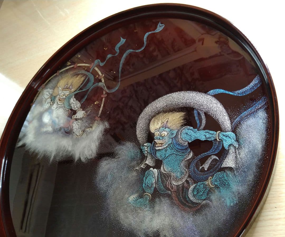 輪島塗沈金「風神雷神」半月盆
