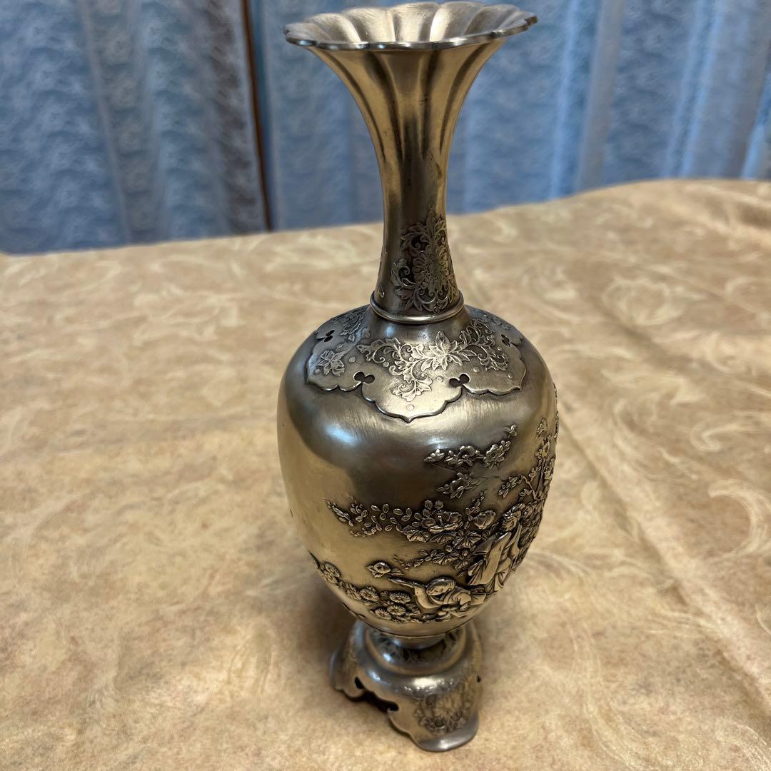 青鳳　内島　市平　花瓶　銀製　四季遊園之図