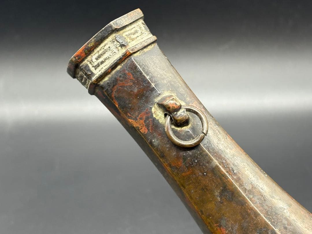 銅製 六角双耳飾花器 手彫唐木花台付 /金属工芸 唐銅 斑紫銅 花入 花瓶