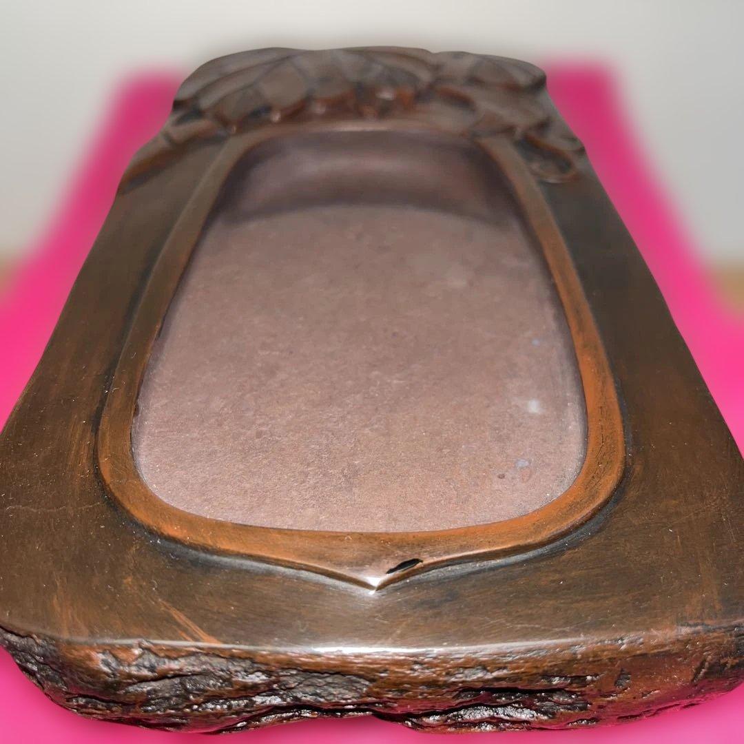 ⭕️赤間硯　龍泉堂　正隆　阿野硯製作所　蔦葉と蔓彫刻硯　珍しく縁内側高　希少硯
