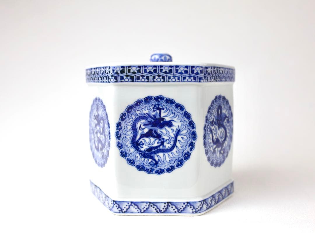 大正期 平安三国丹祐 染付『倣明窯青華龍文』六角水指団龍の絵代わり