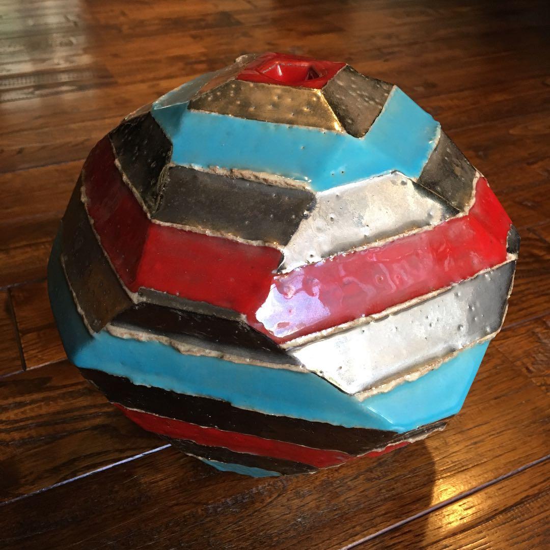 希少珍品！益子焼 瀬戸浩 赤青彩 銀條文壺 塩焼〆多面取壺 花器 飾壺 古美術品