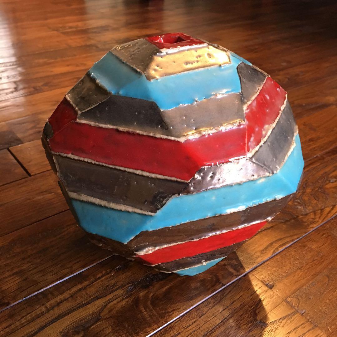 希少珍品！益子焼 瀬戸浩 赤青彩 銀條文壺 塩焼〆多面取壺 花器 飾壺 古美術品