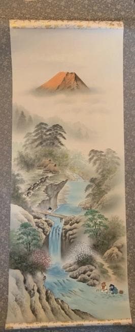 富士山の日本画 掛け軸 木製ケース付き