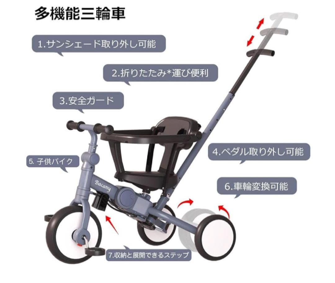【お値下げ】Bacany 三輪車 7in1 折りたたみ 手押し付き ベビーキッズ