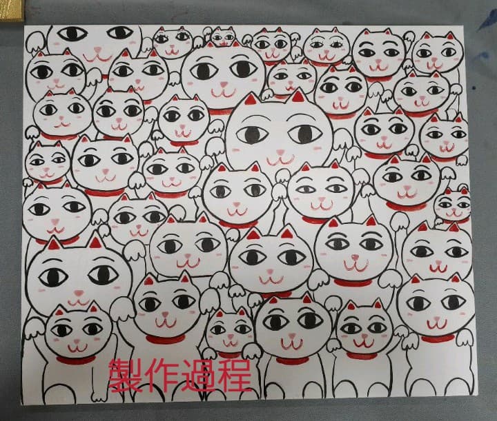 ハッピー招き猫　日本画金箔　額付(アンティーク)　F8号　画家　小楠アキコ作品