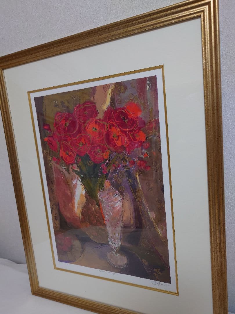 アンドリュープライス　赤いバラ　版画　花　絵画　静物画　花瓶　額入り