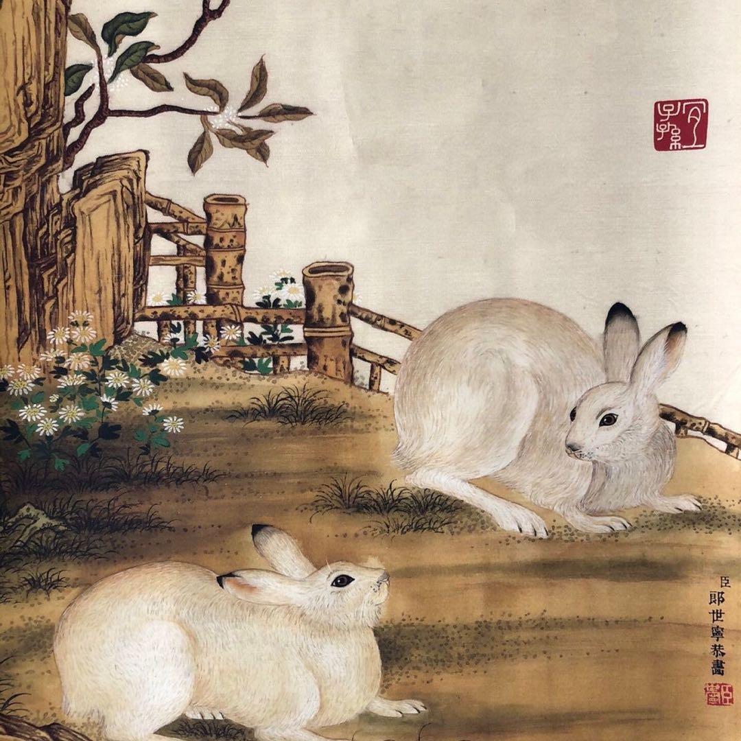 郎世宁 兎図 掛け軸｜三尺中堂｜十二生肖・卯｜表装済み