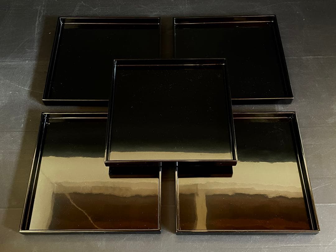 「母」 輪島塗 真塗 四方膳 5客 共箱 共布 懐石膳 茶懐石 茶道具 (E)