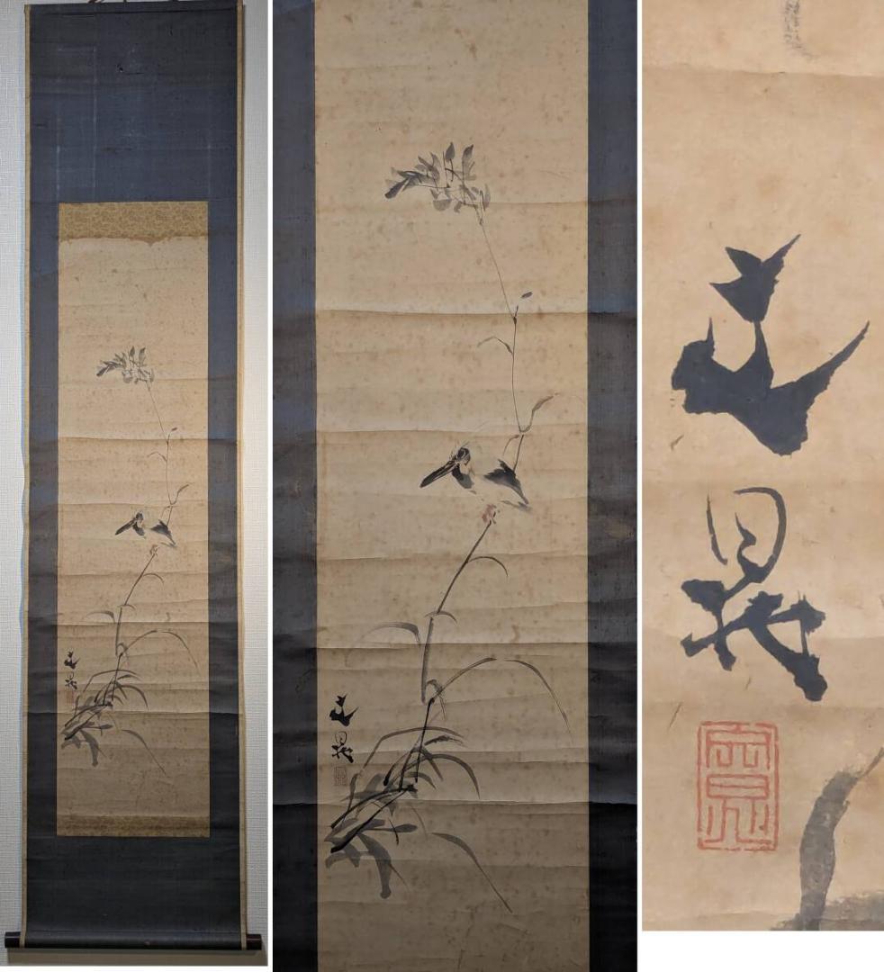 【模写】掛軸　谷文晁　翡翠図　繊細な筆致で描く翡翠と蘭の美　T183