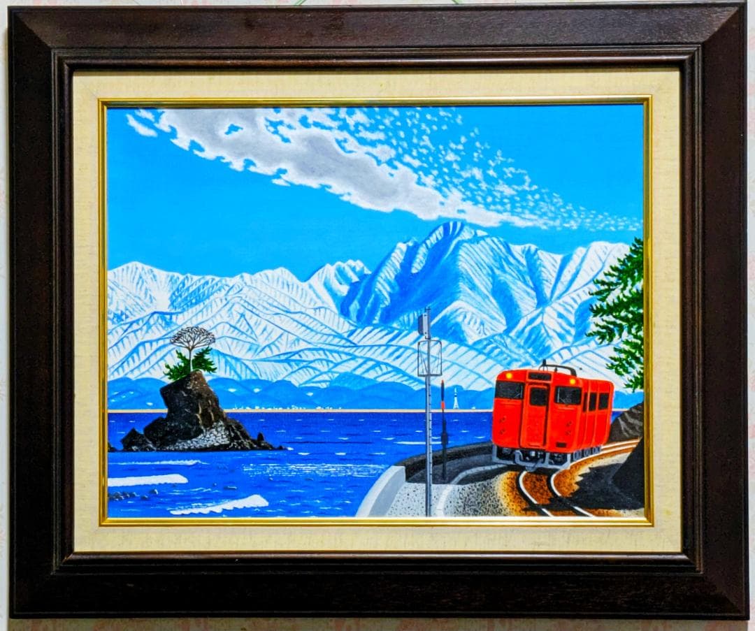 ★雨晴れ海岸を走る電車・肉筆油彩画・F6キャンバス