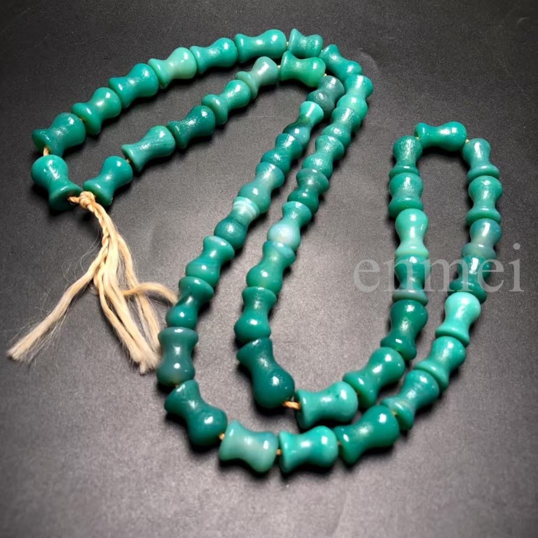 中国古美術・藏区收蔵 天然石 緑瑪瑙 ビーズ数珠 ネックレス 美品・瑪瑙・根付