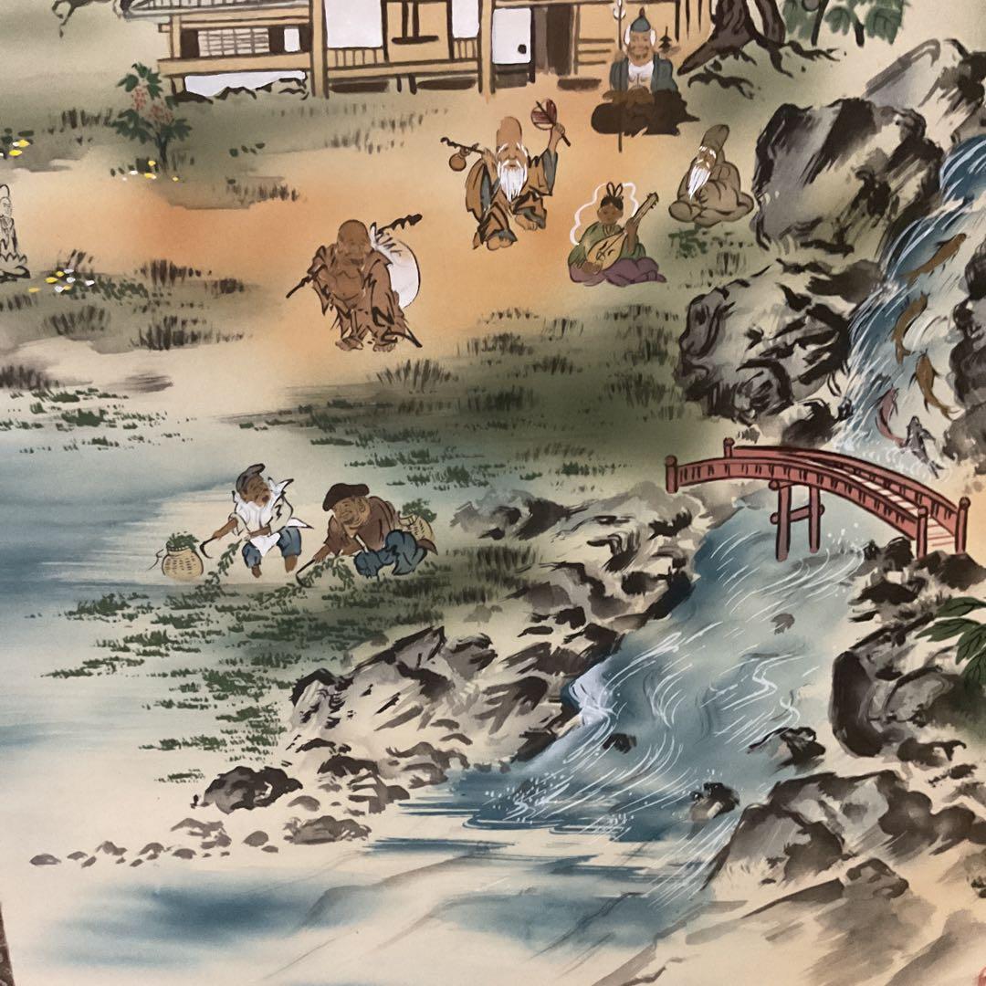 月 庵 筆 絹本彩色画 祝い軸 【七福神に富士図 】 軸先紫檀