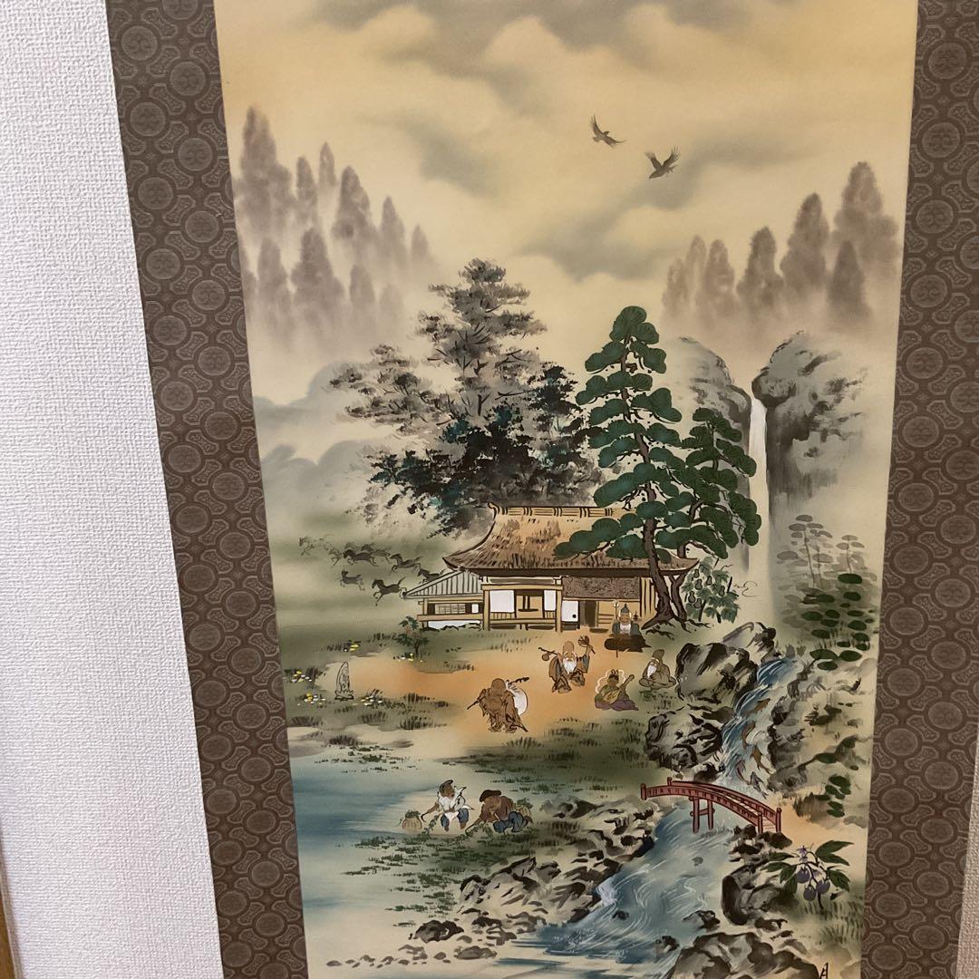 月 庵 筆 絹本彩色画 祝い軸 【七福神に富士図 】 軸先紫檀