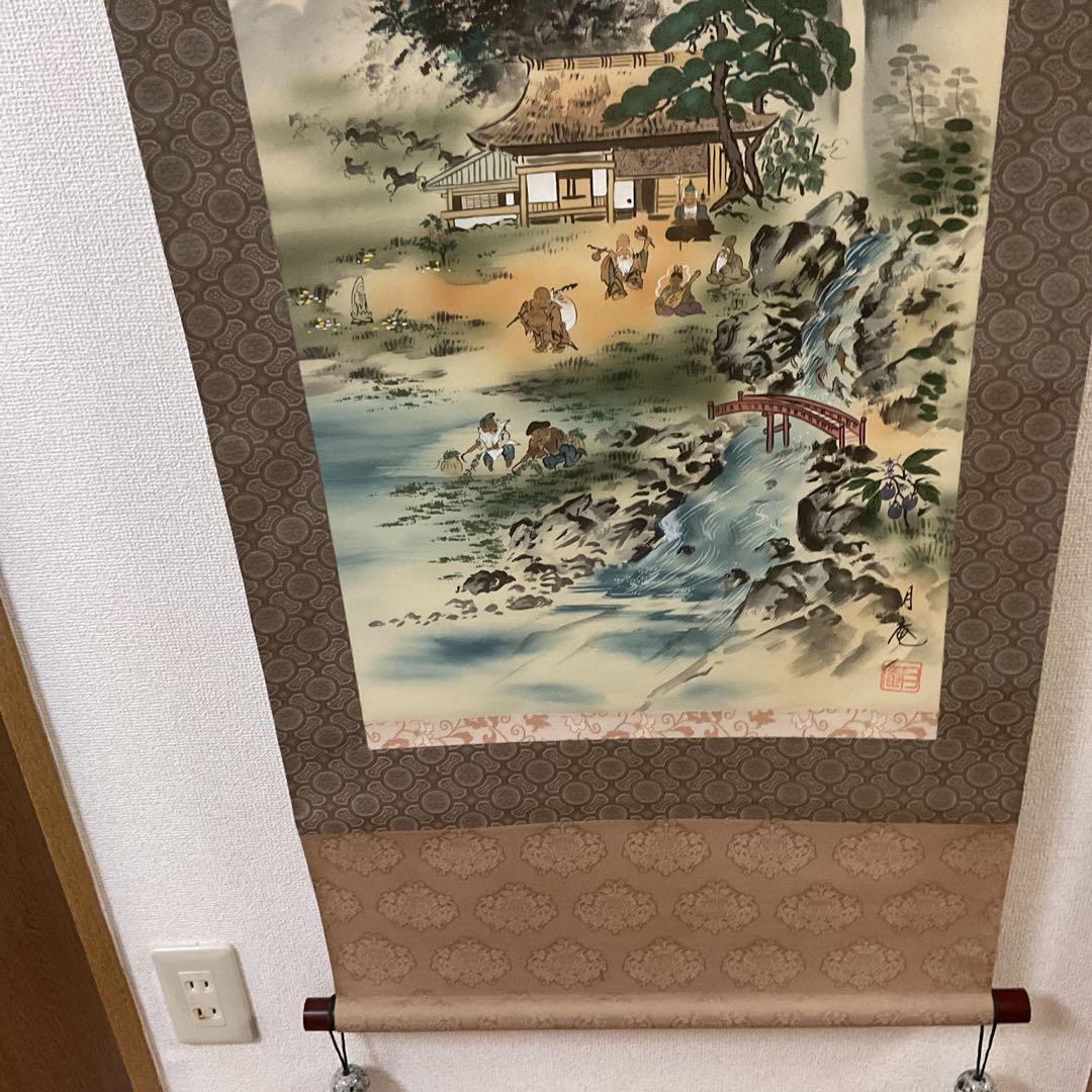 月 庵 筆 絹本彩色画 祝い軸 【七福神に富士図 】 軸先紫檀