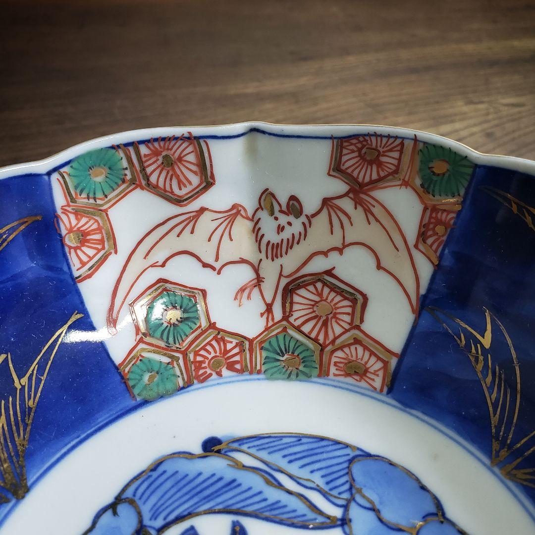 なます皿　蝙蝠　コウモリ　唐花　色絵付　染付　古伊万里　明治　大正　訳あり　欠け