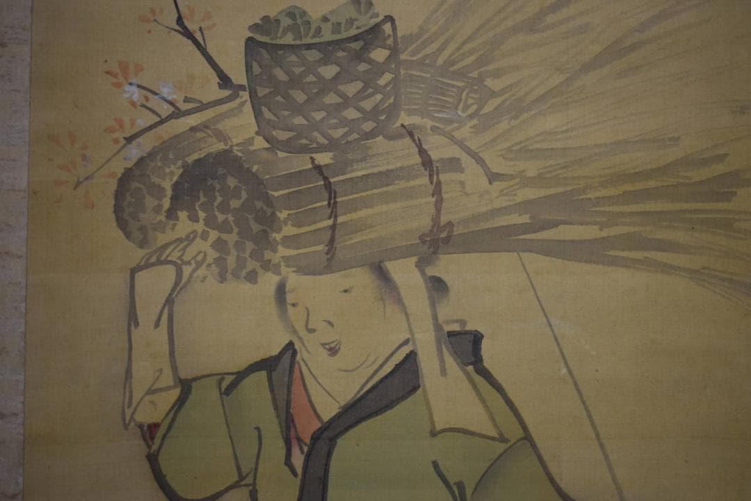 真作/（画）富取芳斎/（賛）千雀/大原女画賛/絹表装/布袋屋掛軸HH-829