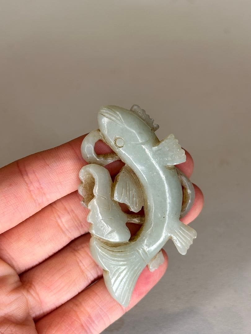 清時代 青玉 魚形彫刻 玉器 中国古美術 時代物 置物