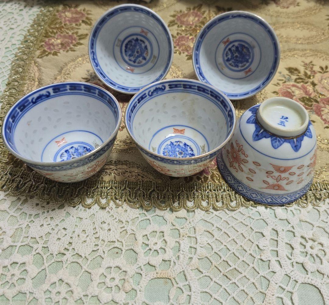 中国 景徳鎮 蛍焼 5客 赤絵 金彩 透かし 茶碗 玩玉 蛍手茶碗 5個セット