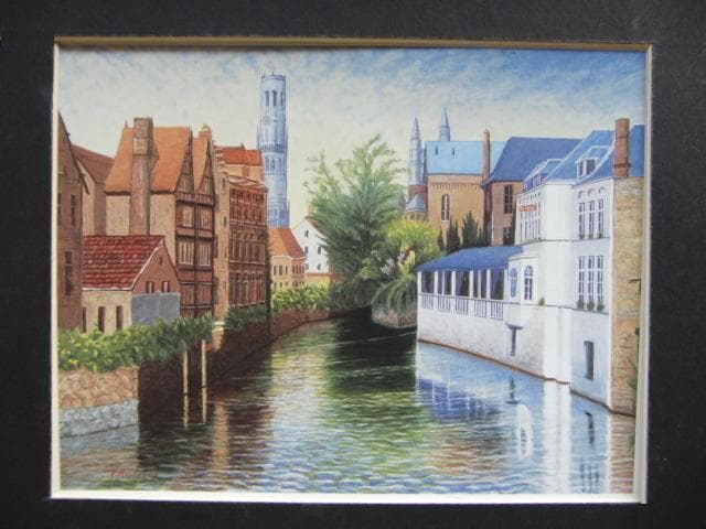 萩原立雄、【郷愁のブルージュ】、希少な額装用画集より、新品額装付