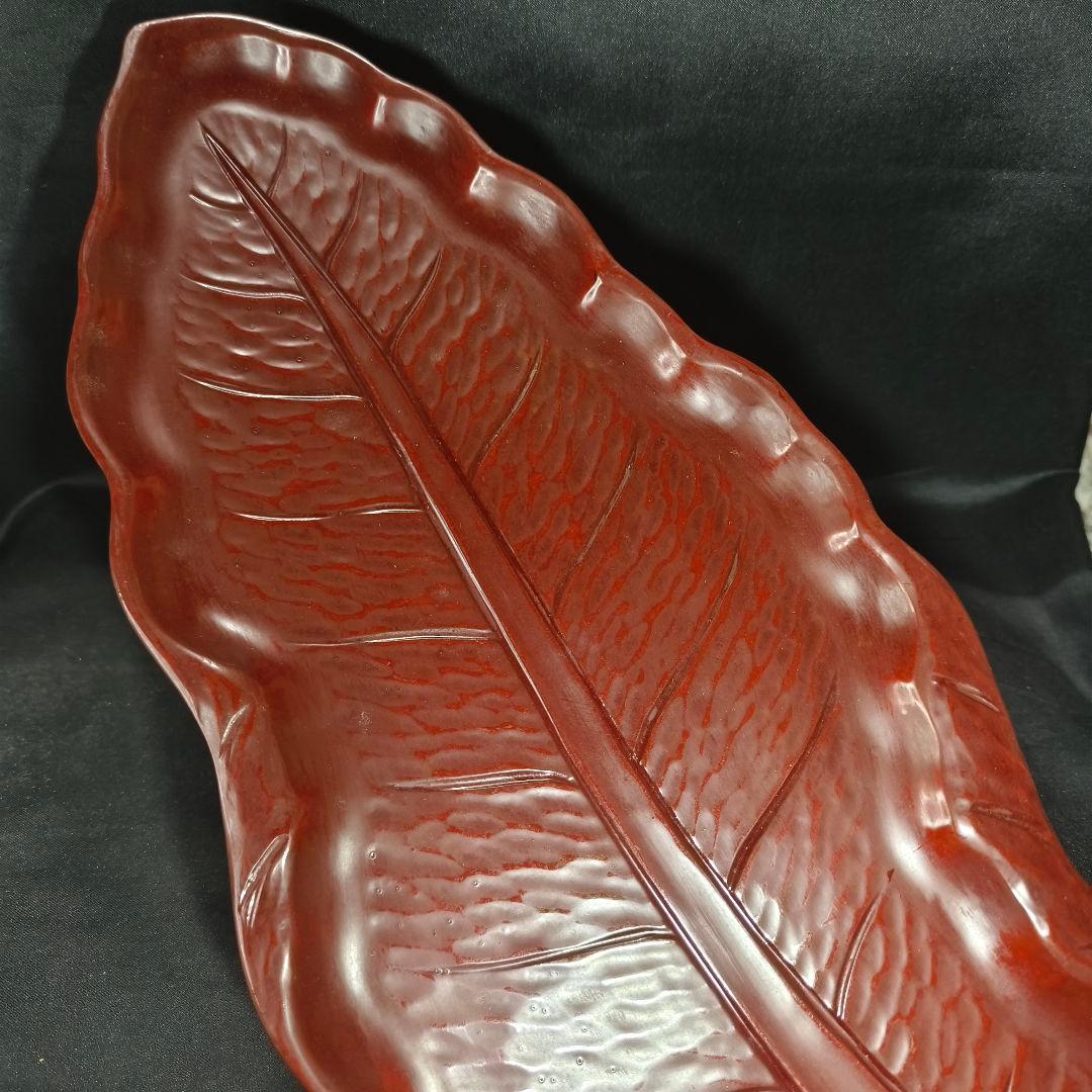 煎茶道具 鎌倉彫 47cm朱塗葉盆 手彫り 木製漆器 未使用美品 旧家蔵出時代物